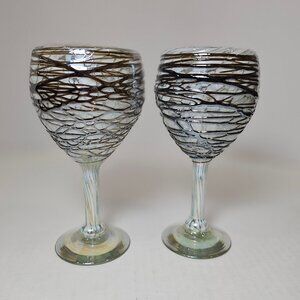 Unique Hand Blown Art Glass 2 Goblets With Chocolate Web Design Over White Base